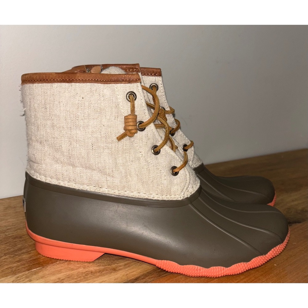 Sperry Saltwater Duck Boots Waterproof Womens 10 Oatmeal Canvas & Orange